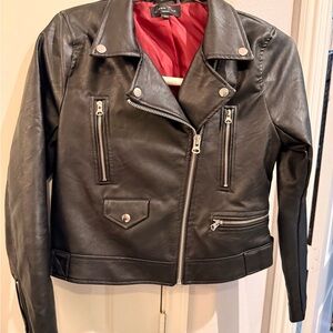 Love Tree Black Faux Leather Moto Jacket with Red Lining